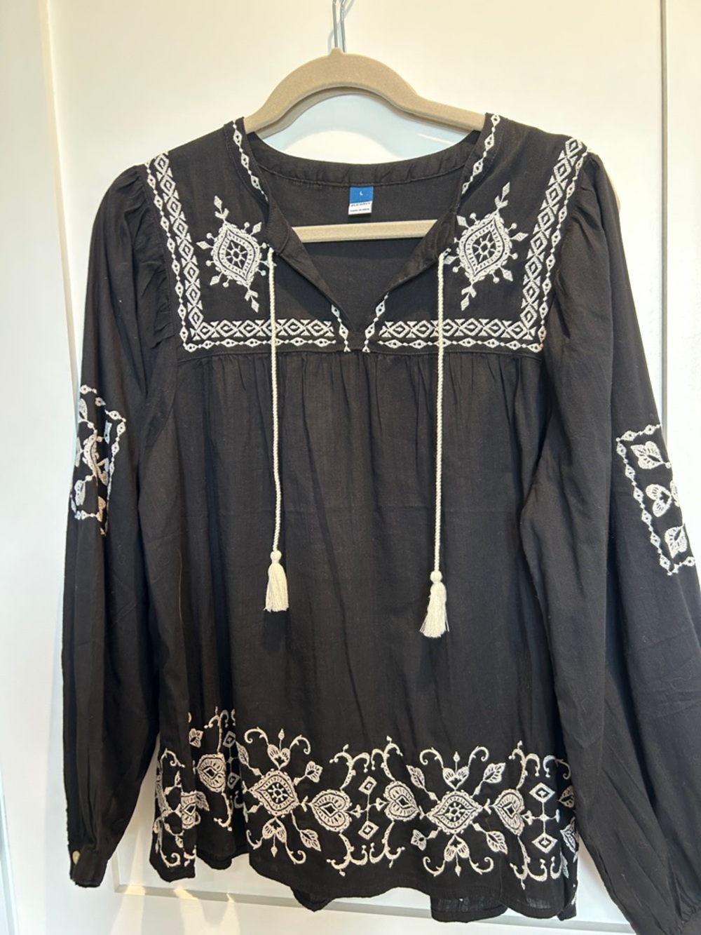 Old Navy Black Embroidered Peasant Blouse with Tassel Tie NWOT SZ L